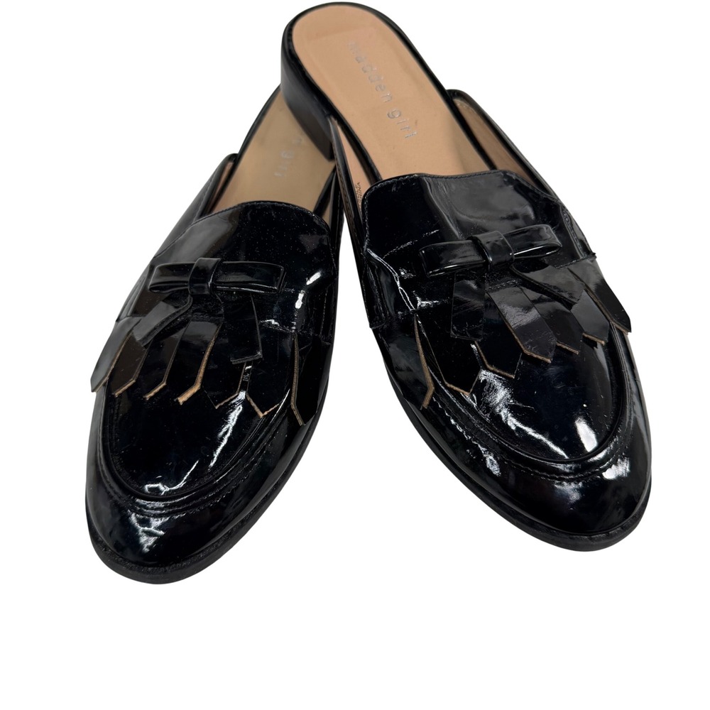 Madden Girl AAVAA Black Patent Loafer Mules‎ Kiltie Fringe Bow Slides Flats 7.5M - Picture 5 of 8
